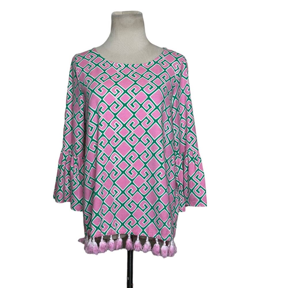 Crown & Ivy Pink Green and White Print 3/4 length bell sleeve tassel top size S